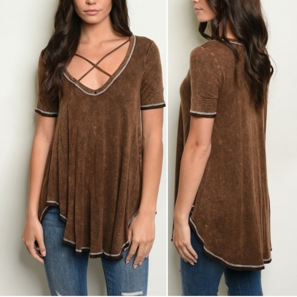 Trend Setter Diva Boutique Tops - BROWN MINERAL WASH STRAP TEE TOP